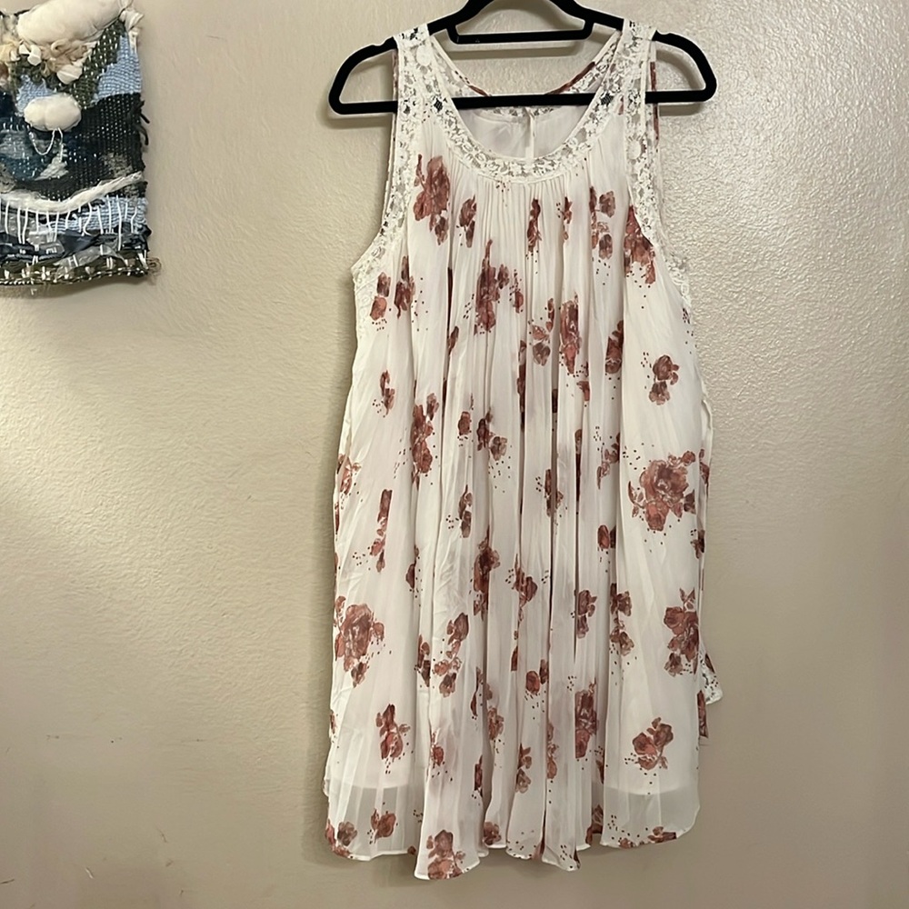 Free People Boho Accordion Baby Doll Dress With Side Ties Lace Accent Tank L